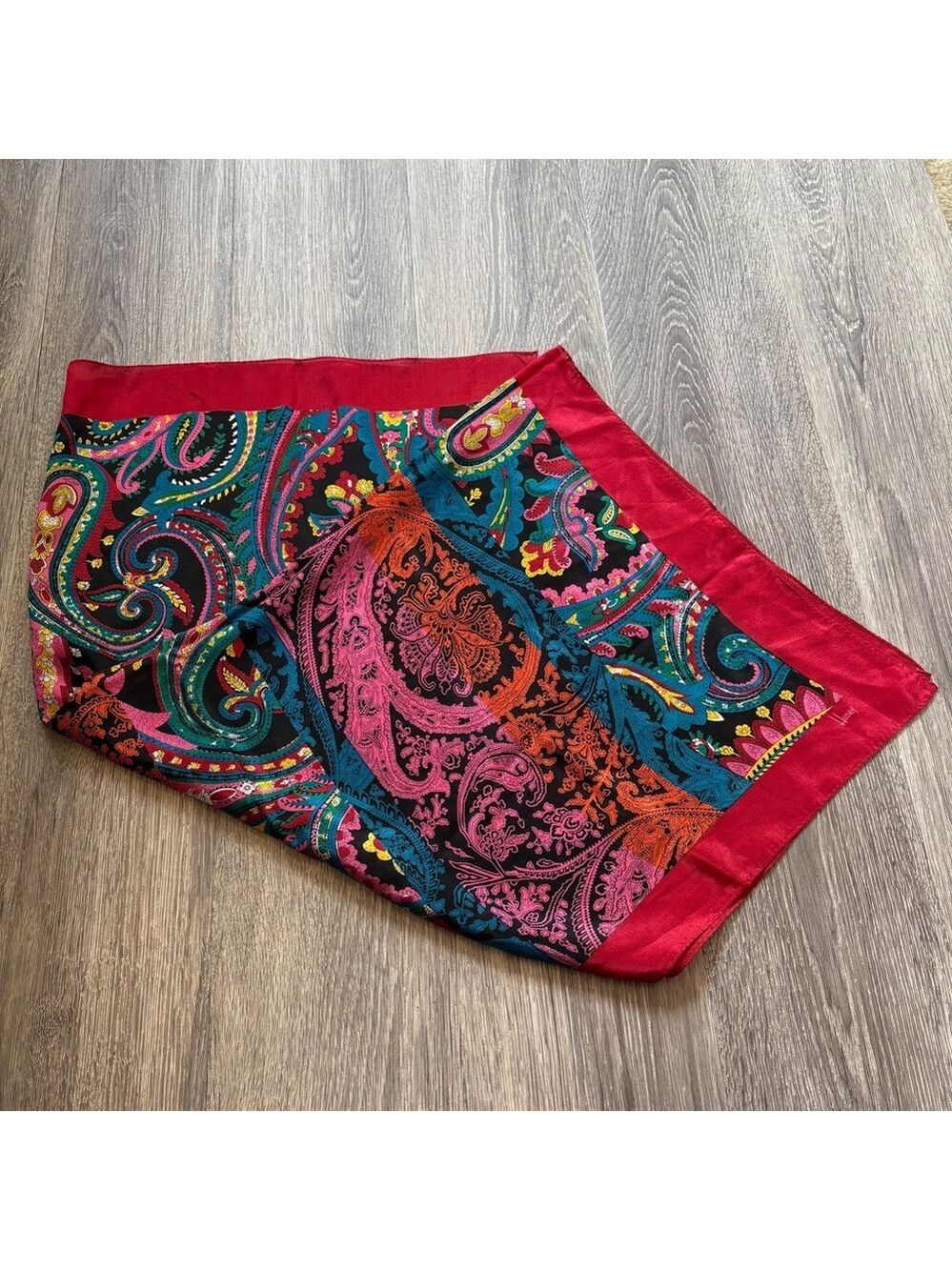 Vibrant Vintage Honey Paisley Scarf with Red Border